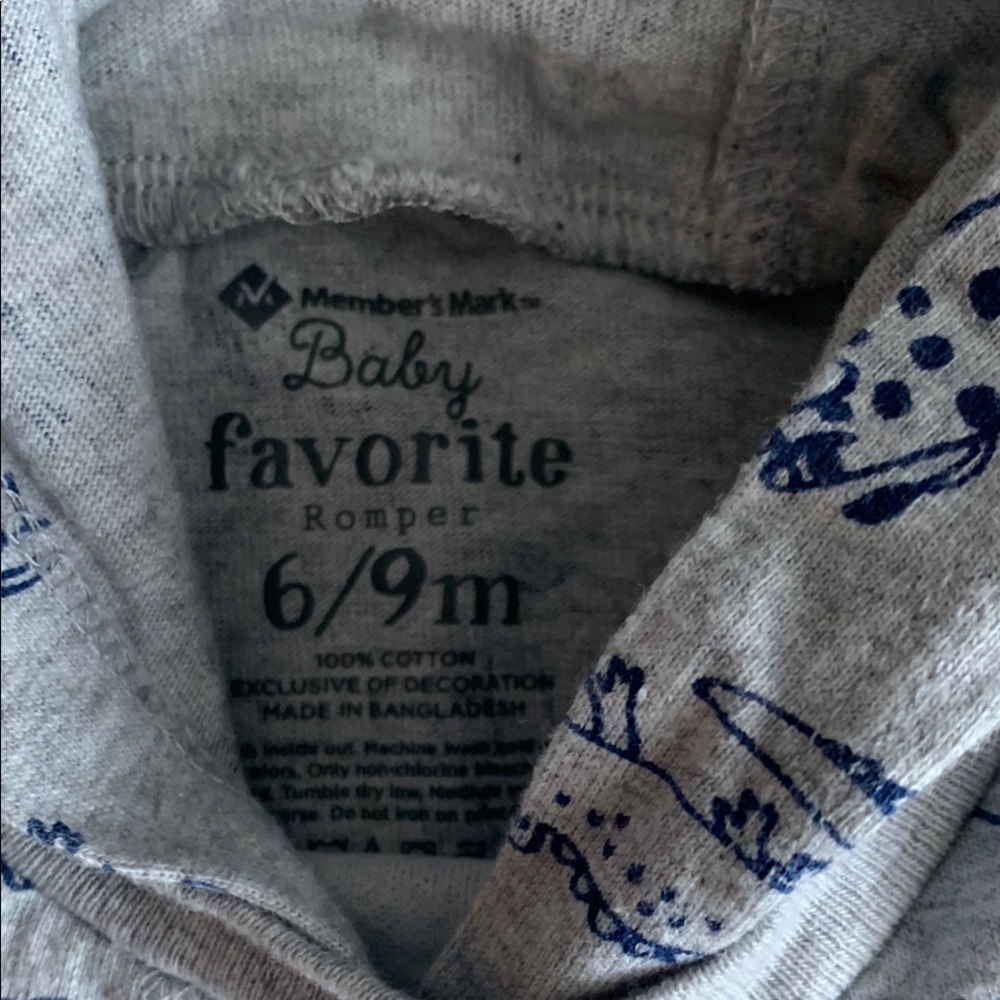 Members Mark Baby Gray Romper with Animal Print 6-9 Months - Picture 5 of 6